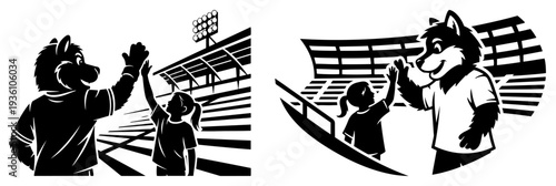 Child giving high five to a sports mascot at the stadium