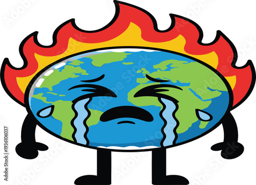Crying earth planet character on fire representing global warming climate change and environmental crisis in flat line art vector illustration style.