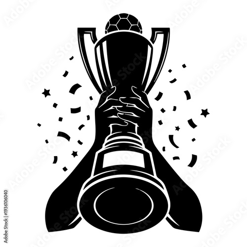 Hands holding up a championship trophy cup with confetti