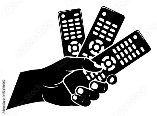 Hand holding multiple remote controls for watching television sports