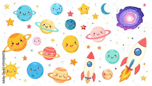 Cute cartoon space elements set with smiling planets rocket stars moon sun and galaxy objects vector illustration