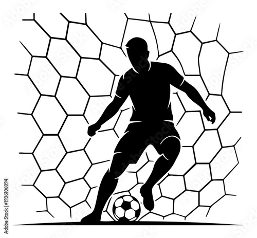 Silhouette of a soccer player dribbling the ball in front of a net
