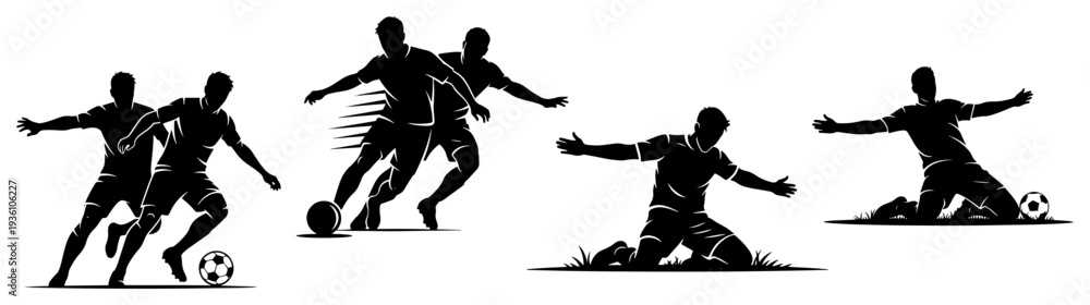 Naklejka premium Set of soccer player silhouettes in different dynamic actions and poses