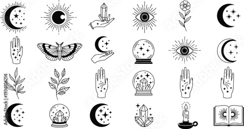 Mystical celestial icons, spiritual symbols, astrology elements, moon and stars, crystal ball, esoteric hand, magical butterfly, cosmic energy design