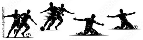 Set of soccer player silhouettes in different dynamic actions and poses