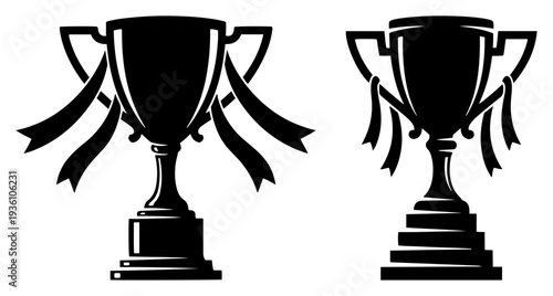 Decorative trophy cups with ribbons in a black and white vector style