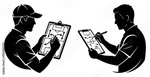 Soccer coach holding a tactical clipboard and drawing game strategy with a pen
