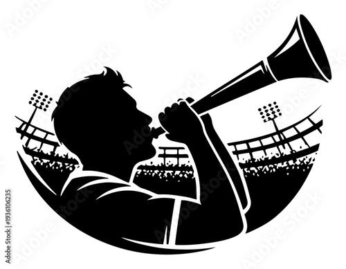 Football fan blowing into a vuvuzela horn at a crowded stadium