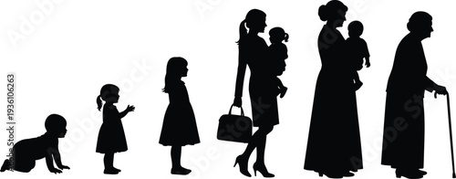 Silhouette illustration of woman life stages, baby toddler girl adult mother middle aged elderly senior aging progression family roles
