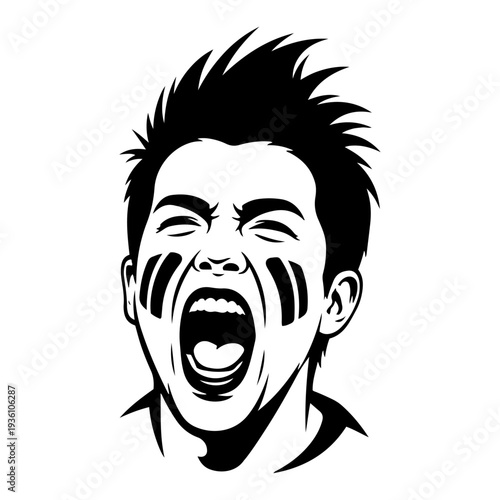Portrait of an excited football fan screaming with face paint