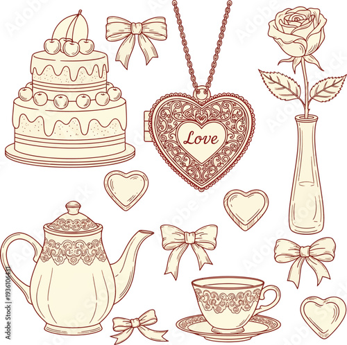 Vintage romantic elements set featuring tea time cakes locket hearts and roses for wedding scrapbooking hand drawn vector illustration floral