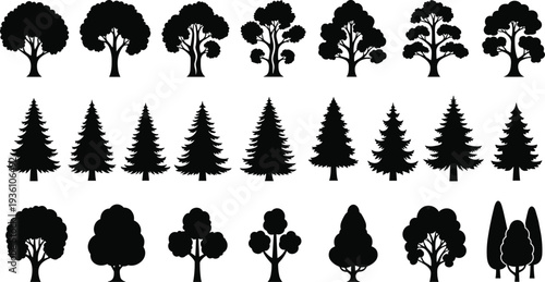 Tree silhouettes collection, black tree icons, forest shapes, conifer silhouettes, deciduous trees, nature design elements, foliage patterns, botanical illustrations