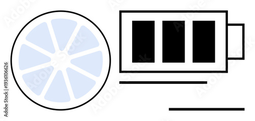 Lemon slice next to battery outline representing renewable energy, sustainability, and power ideas. Ideal for eco energy, innovation, nutrition, technology, health science environment. Simple flat