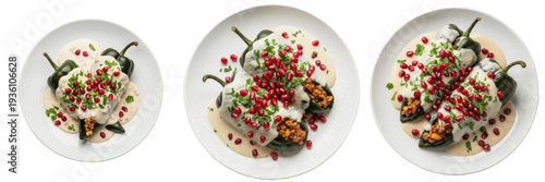 Set of Chiles en Nogada Stuffed Poblano Peppers with Walnut Sauce and Pomegranate Seeds Transparent Background PNG