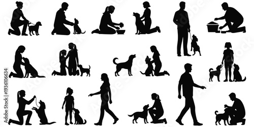 Black silhouette collage of people with dogs, showing feeding, training, walking, playing, grooming, affection, companionship, flat vector illustration
