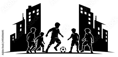 Group of children playing football in the city street between buildings