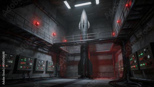A mysterious figure stands in a dimly lit industrial control room with red lights and futuristic technology from a low angle viewpoint