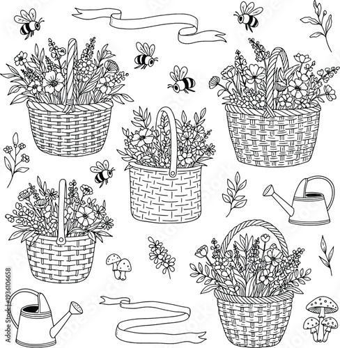 Set of coloring page elements with spring garden flowers in wicker baskets bees watering cans and mushrooms hand-drawn vector illustration floral busket