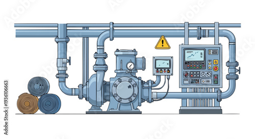 Industrial Pump System with Control Panel and Pipes.