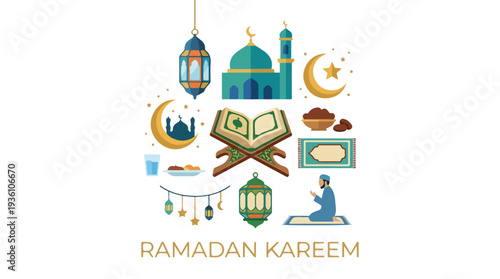Ramadan Kareem greeting card with Islamic flat icons. Holy month celebration banner with mosque and Quran. Muslim religious symbols set for landing page.