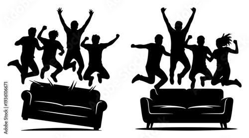 Group of friends jumping with joy on a sofa celebrating victory