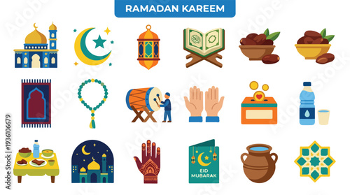 Ramadan Kareem elements set. Islamic flat icons for holy month. Muslim religious symbols for greeting card.