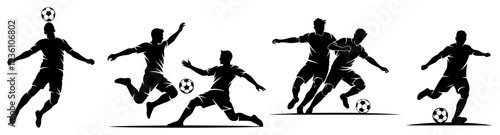 Set of silhouettes showing soccer players in action