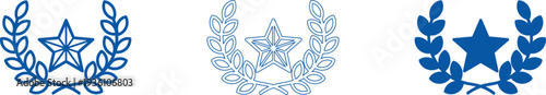 Three blue and white emblems with floral motifs