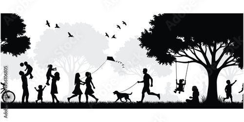 Black silhouette illustration of park scene with families, children, trees, birds, kite flying, jogging, outdoor fun, flat vector illustration