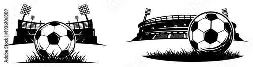 Soccer ball on grass with stadium background