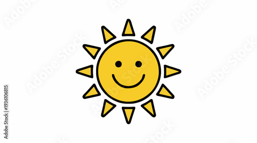 Smiling Sun Illustration With Rays and Happy Face on White Background Simple Cartoon Style
