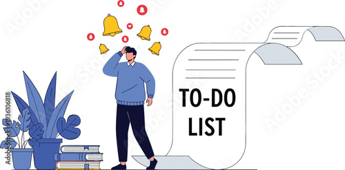 Stressed man overwhelmed by long to-do list and constant notification bells with books and plants in flat line art vector illustration style.