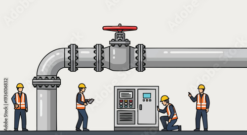 Industrial Workers Repairing Large Water Pipe and Control Panel.