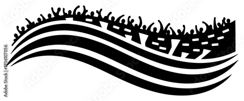 Abstract wave shape with silhouette of cheering sports crowd