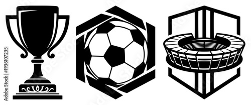 A set of sports icons featuring a trophy a soccer ball and a stadium