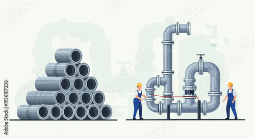 workers assembling pipes for industrial plumbing system.