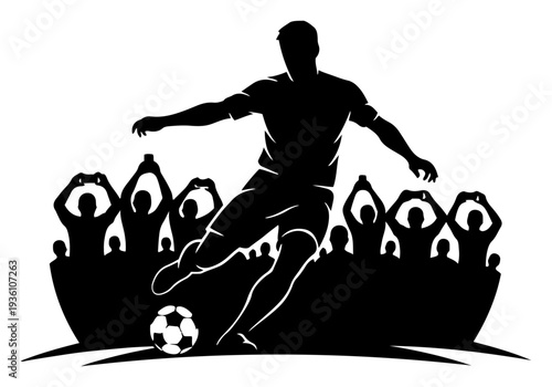A silhouette of a football player kicking a ball in front of a cheering crowd
