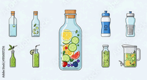 Assorted beverage bottles and a pitcher filled with various fruits and drinks on a clean surface, viewed from directly above.