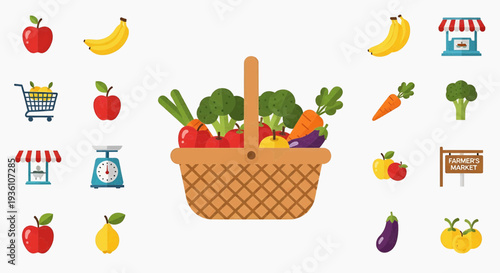 Fresh produce assortment in a wicker basket surrounded by various fruits and vegetables icons