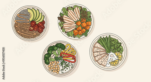 Assorted healthy foods arranged on four plates with various vegetables and fruits displayed in a flat illustration style