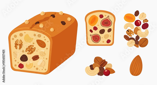 A loaf of bread with nuts and dried fruits, sliced to reveal its contents, showcasing various ingredients used in its preparation