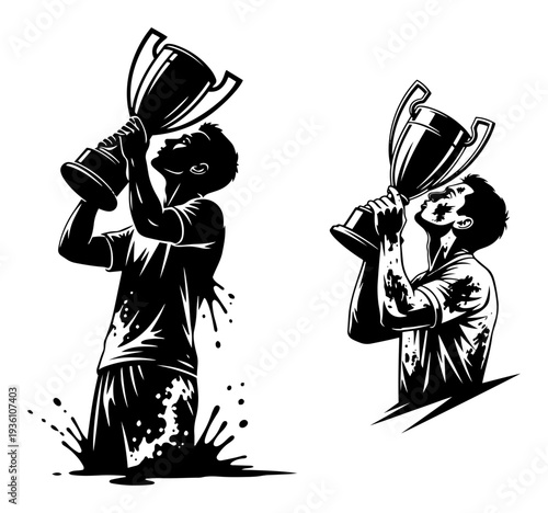 Soccer players celebrating victory with a trophy