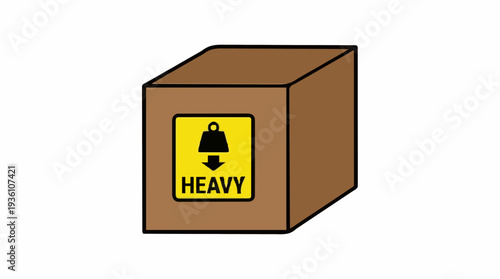 Brown Cardboard Box with Yellow Heavy Warning Label Indicating Weight and Fragility Isolated on White Background Simple Graphic Illustration