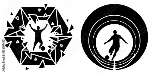 Dynamic soccer players in abstract circular frames