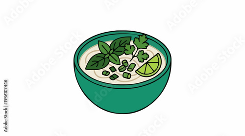 Pixel Art Bowl of Noodle Soup Topped with Fresh Herbs and Lime Slice on White Background