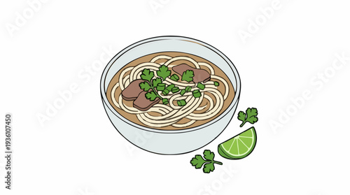Delicious Bowl of Noodle Soup Garnished With Fresh Cilantro and a Slice of Lime on a White Background