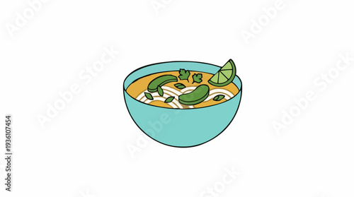 A Bowl of Delicious Pho Noodle Soup with Sliced Lime and Fresh Cilantro Garnishes in a Turquoise Bowl on a White Background