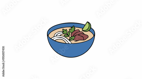 Close Up Of Blue Bowl Filled With Noodle Soup Featuring Sliced Beef And Fresh Parsley Garnish With A Lime Wedge On White Background
