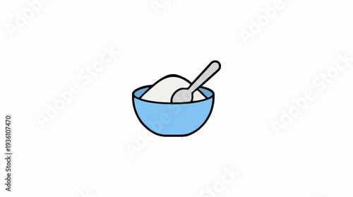 Light Blue Bowl Filled With White Granulated Sugar With A Spoon In It Isolated On A White Background