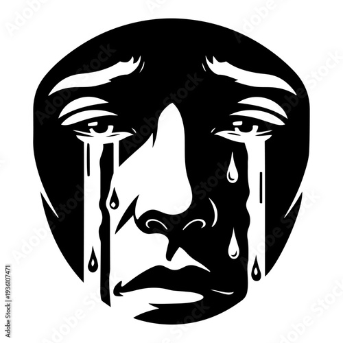 Sad face crying with flowing tears silhouette